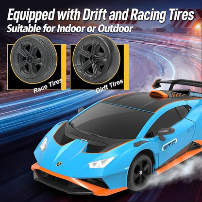YONCHER RC Drift Car Remote Control Car for Kids Lamborghini Officially Licensed 1:24 20KM/H 4WD with Lights Fast Racing Toy Car for Boys Girls Blue
