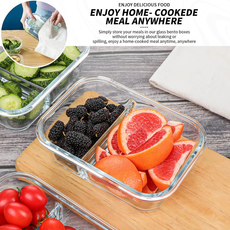 KOMUEE 10 Packs 30oz Glass Meal Prep Containers 2 Compartments,Glass Food Storage Containers with Lids,Airtight Lunch Bento Boxes,Microwave,Oven,Freezer and Dishwasher Safe
