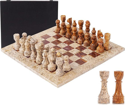 Marble Chess Set for Adults 15 Handmade Coral &amp Dark Brown Board Game with 32 Chess Pieces 2 Extra Queens &amp Storage Box Luxury Travel Game – Elegant Home Décor