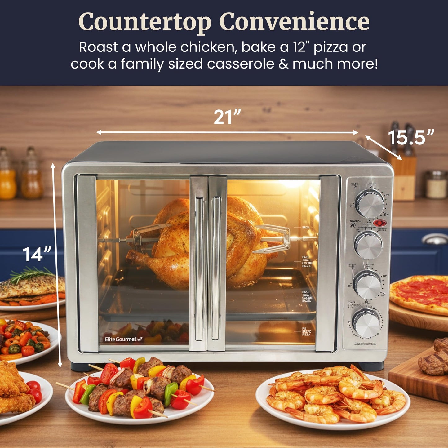 Elite Gourmet ETO4510B# French Door 47.5Qt, 18-Slice Convection Oven 4-Control Knobs, Bake Broil Toast Rotisserie Keep Warm, Includes 2 x 12" Pizza Racks, Stainless Steel