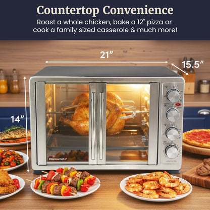 Elite Gourmet ETO4510B# French Door 47.5Qt, 18-Slice Convection Oven 4-Control Knobs, Bake Broil Toast Rotisserie Keep Warm, Includes 2 x 12" Pizza Racks, Stainless Steel