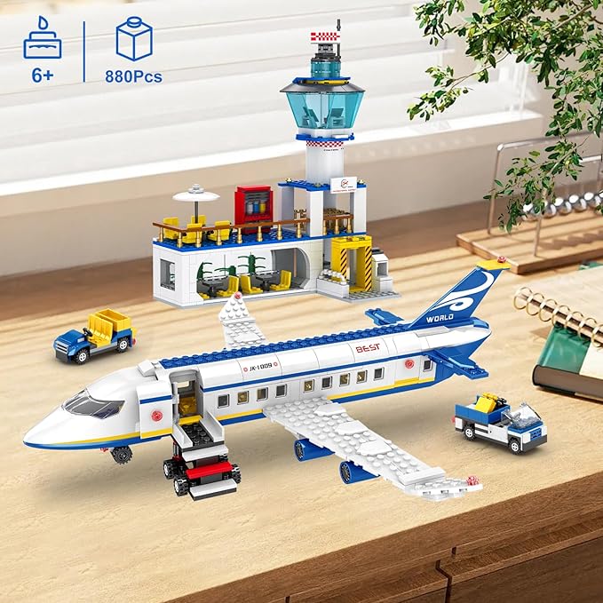 880 Pcs City Airport Passenger Terminal Building Set 6 IN 1 Airplane Building Blocks Toy STEM Aircraft Bricks with Shuttle BusLuggage CartPlanes Model Toys Gifts for Adults Boys Ages 6-12+