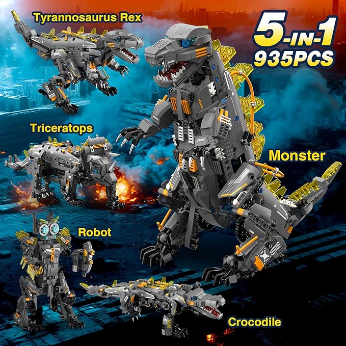 Dinasour Toys for Kids Building Set 935 PCS App &amp Remote Control Robotics Kit 5-in-1 Tyrannosaurus/Triceratop/Crocodile/Robot/Monster STEM Toys for Boys Girls Age 6 7 8 9 10 11 12+ Year Old