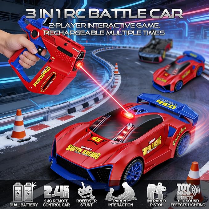 3 IN 1 Remote Control Car with Infrared Gun 1: 24 Parent-Child Drift RC Car 2.4GHz Stunt Toys with Shooting Game 2 Rechargeable Charge Battery Birthday Gifts for Kids Boys Girls Age 6-12 (Red)
