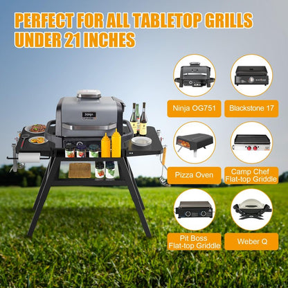 BBQ-PLUS Grill Stand for Ninja Woodfire Outdoor Grill, Portable Adjustable Table Cart for Ninja OG700 OG800 OG900 Series Smoker Blackstone 17" Griddle,with Side Shelf