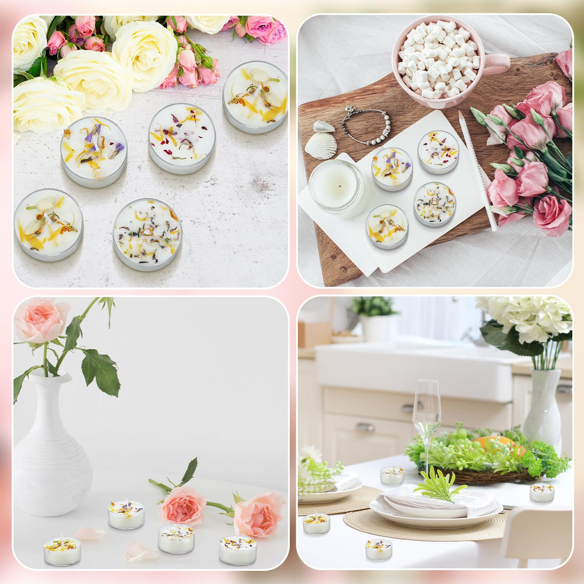 Honoson 12 Pcs Scented Tealights Dried Flower Candles Wedding Bridesmaid Gift 4 Floral Scents Jasmine Lavender Rose and Globe Purple 8-Hour Smokeless Tealight Candles for Wedding Bridal Shower Spa