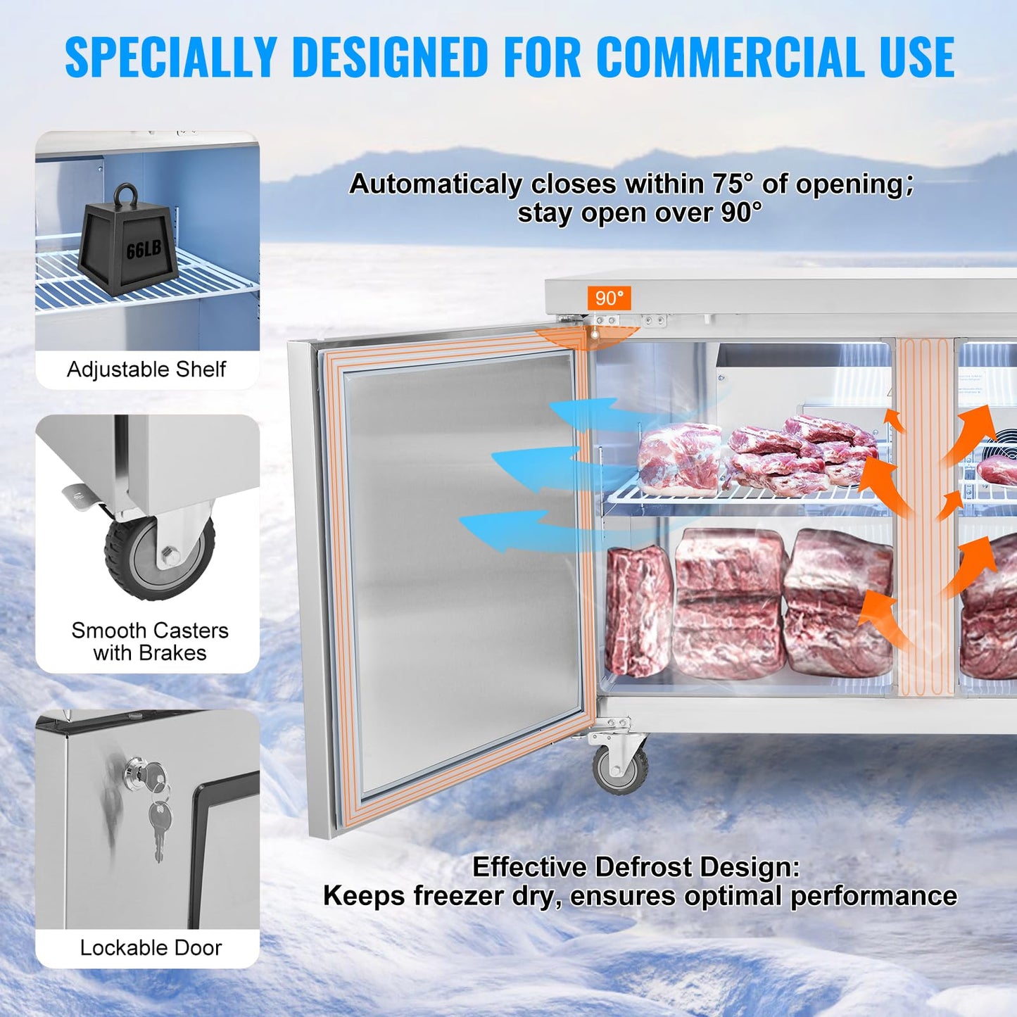 VEVOR 48" W Commercial Freezer Worktop, 12.9 Cu. Ft Undercounter Freezers with/Casters, <0~-8℉>Defrost Frozen Prep Table, 2 Doors Stainless Steel Food Frozen Prep Station for Restaurant, Diner, Bar