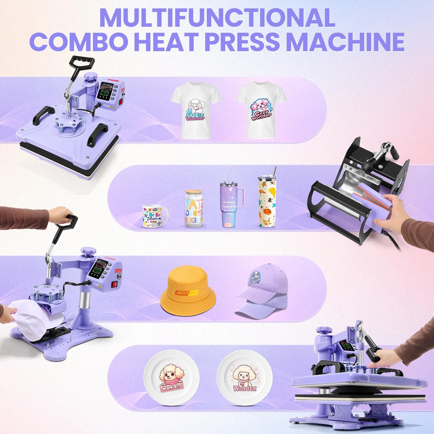 WHUBEFY Heat Press,8 in 1 Tshirt Printing Machine 15"x12" Digital Industrial Heat Transfer Machine,Sublimation Heat Press Machine for T Shirts/Mug/Cap/Plate/DIY (8 in 1 Heat Press(Purple))