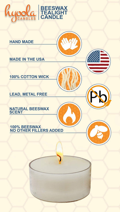 Hyoola Pure White Beeswax Tea Lights - 24 Pack - Handmade Decorative Unscented - Tealight Candles - 4 Hour Burn Time, Clear Cup