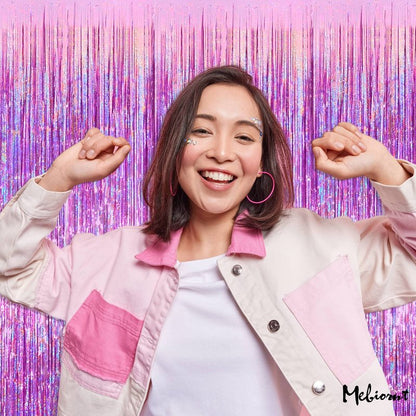 4 Pack Pink Fringe Curtain Backdrop, 3.2Ft x 8.2Ft Sparkle Metallic Tinsel Foil Fringe Streamers Background for Photo Booth Birthday Wedding Baby Shower Party Thanksgiving Christmas Decorations