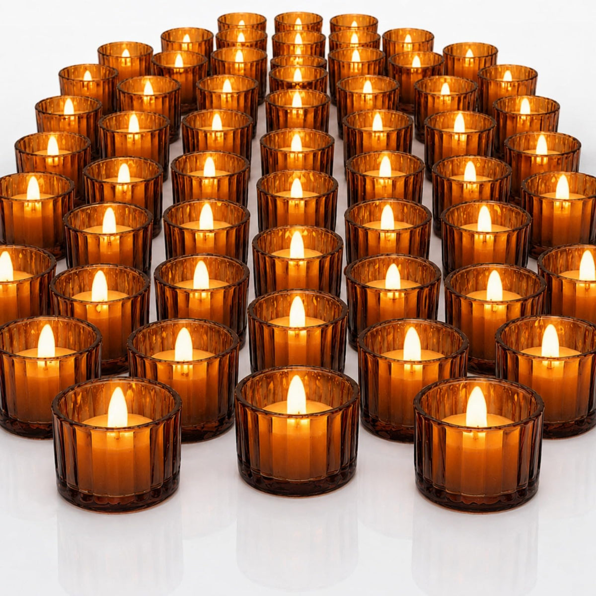 Mumufy 50 Pcs Glass Tealight Candle Holder Ribbed Votive Candle Holder for Centerpiece Wedding Proposal Spa Aromatherapy Meditation Home Decor (Amber)