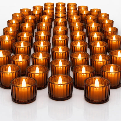 Mumufy 50 Pcs Glass Tealight Candle Holder Ribbed Votive Candle Holder for Centerpiece Wedding Proposal Spa Aromatherapy Meditation Home Decor (Amber)