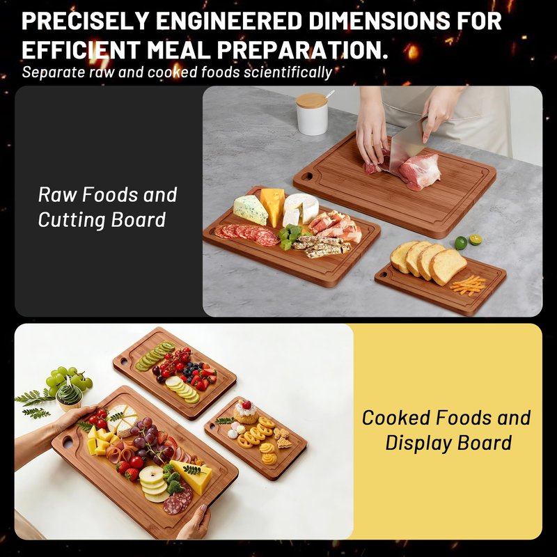 Lacusmall Bamboo Cutting Board for Kitchen, 3Pcs Thickened Wooden Cutting Board Set with Deep Juice Groove, Built-in Handles Durable Chopping Boards for Separating Meat, Vegetables, Fruits, Ideal Gift