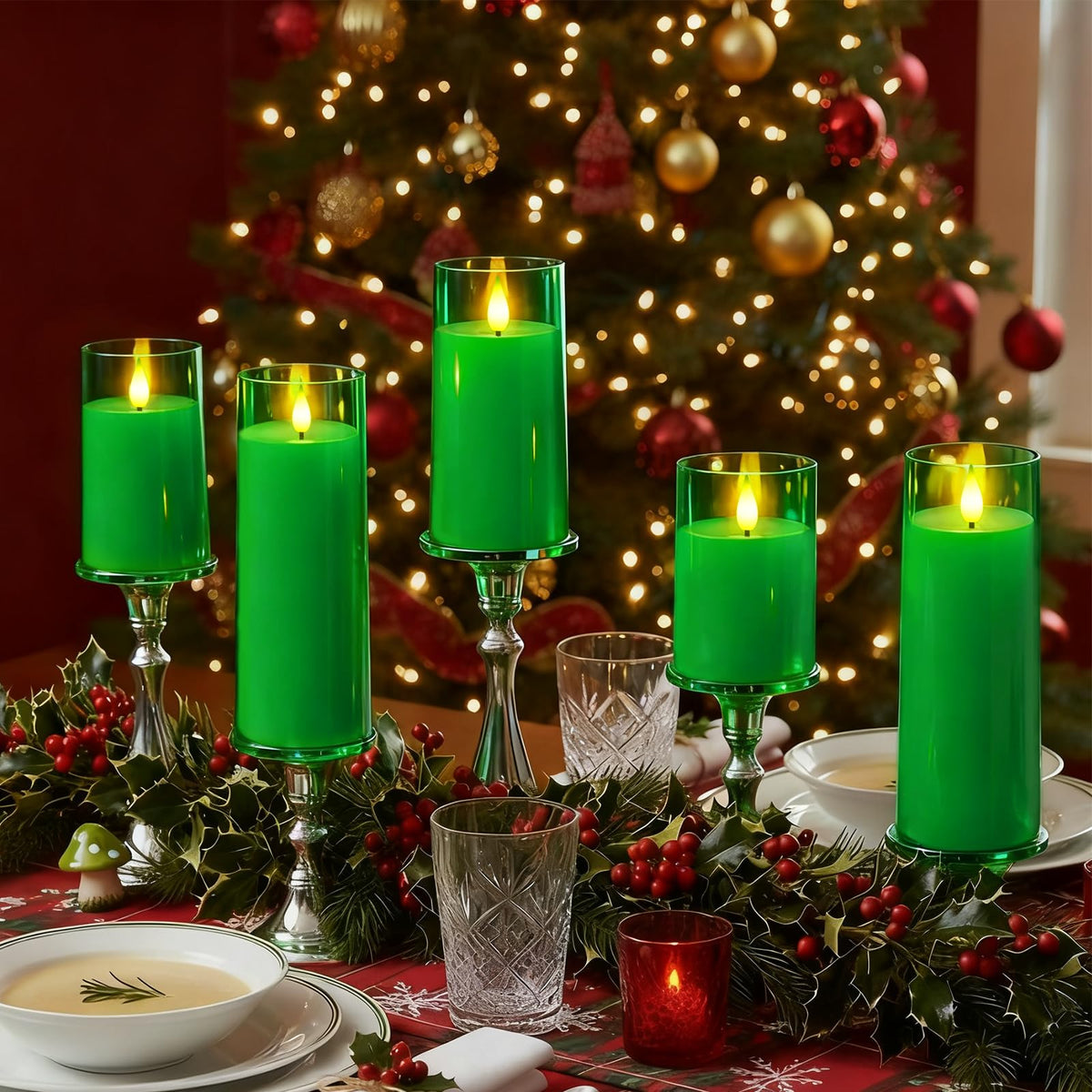 Raycare St. Patrick's Day Flameless Candles Battery Operated with Remote Timer, Acrylic Flickering LED Pillar Candle for Christmas Decoration, Home Decor, Gift for Family and Friend, Green, Set of 5