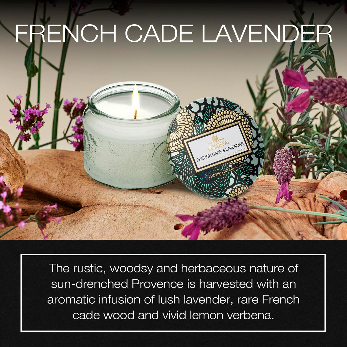 Voluspa French Cade Lavender, Petite Candle Jar, 3.2 oz, 25 Hour Burn Time, Coconut Wax for Clean Burning, Handcrafted in the USA