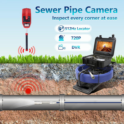 Gatebig Sewer Camera with Locator,Self Leveling,164FT,Retractable Handle,7MM Cable, 9'' IPS Drain Inspection Camera with DVR,IP68 Plumbing Snake with 12 Lights for Home,Duct Pipe Inspection