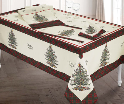 Spode - Fabric Tablecloth, Holiday Home Decor Christmas Tree Tartan Collection, 60" x 144"