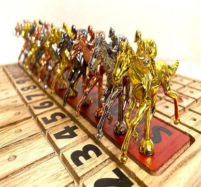 Horse Racing Game for Adults Foldable Horse Race Board Game with 11 Luxurious Metal Horses (Gold Silver Black Bronze) 24” Wood Horse Race Game Board Big Dice 2Card &amp Bag (Log1)