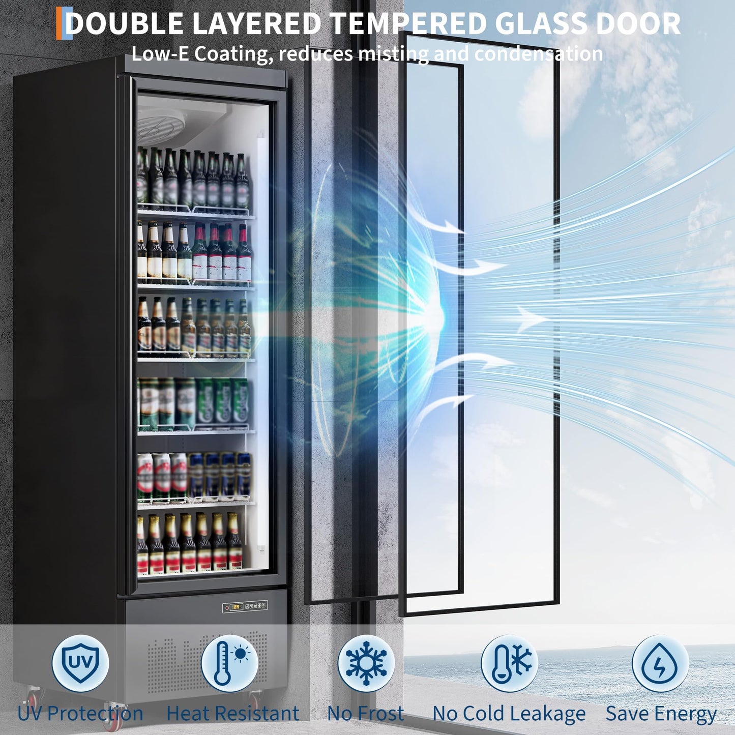 Garvee 13.4 Cu.Ft Commercial Refrigerator, LED Display Merchandiser Fridge with Glass Door for Restaurants, 5 Adjustable Shelves, Black Upright Cooler for Shop, Cafe, Baker, Black
