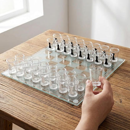 Shot Glass Chess Set 9.45-Inch Chess Board with 32 Mini 1.34-Inch Shot Glass Pieces Adult Drinking Chess Game for Parties Fun Novelty Gift