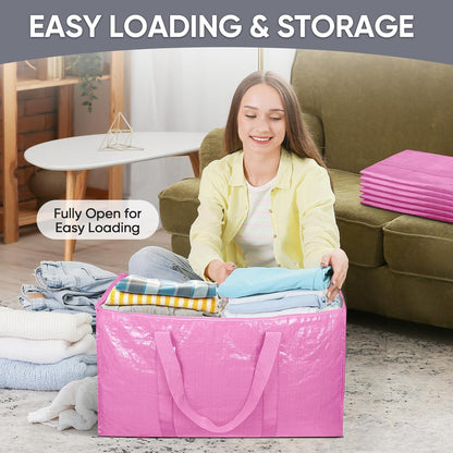 TICONN Extra Large Heavy-Duty Moving Bags - Durable Storage with Zippers & Handles | 6 Pack, Pink