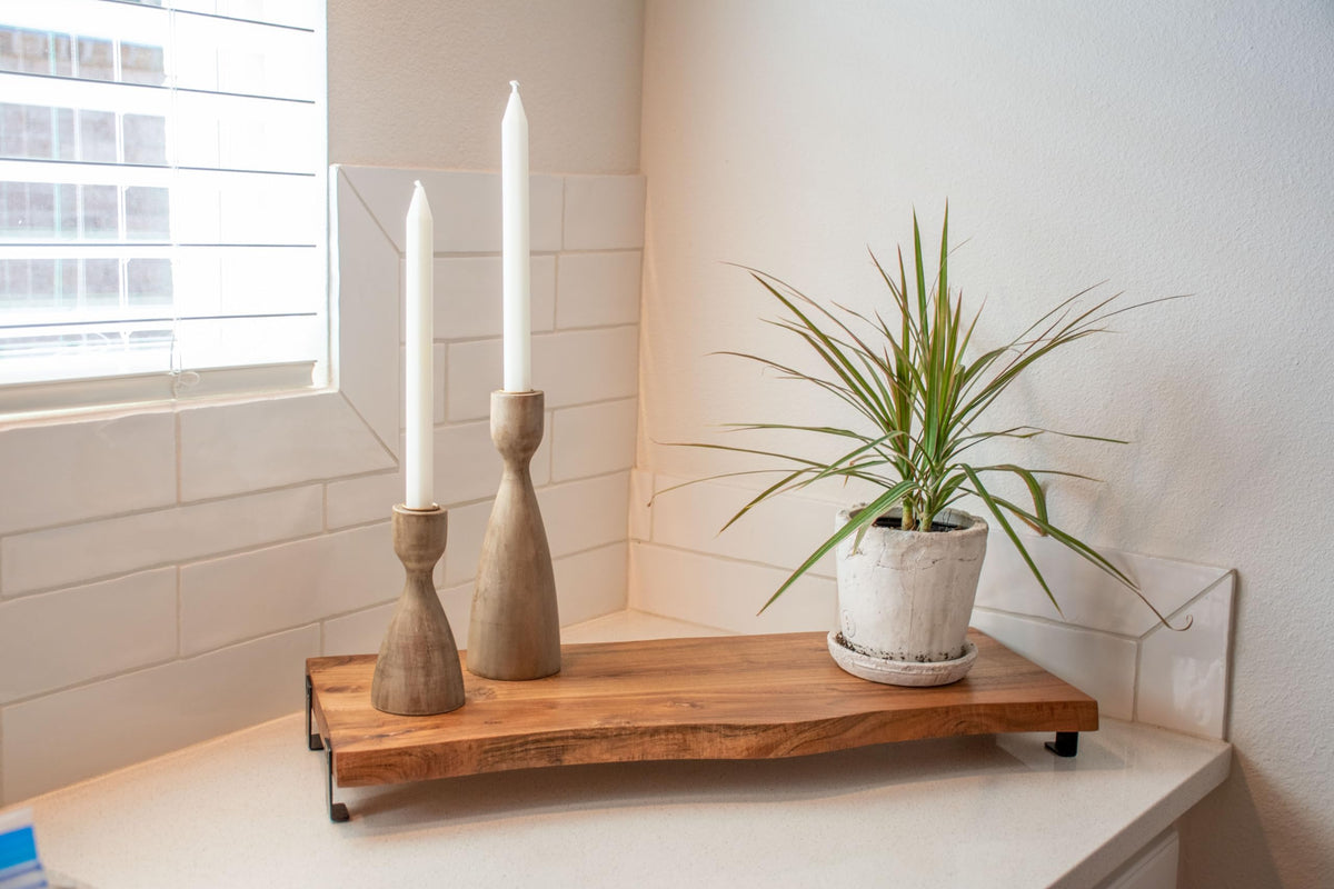 Karma, Acacia Wood Turned Candle Holder, Wooden Rounded Turned Candle Holders, Large Natural