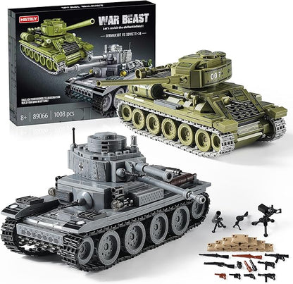 WW2 Army Tanks Toy Building Sets (1008 Pieces) Compatible with Lego Create a Soviet T-34 &amp German Panzer 38(t) Tank Great Military Model Toys Gift for Boys Kids and Teens Age 8+