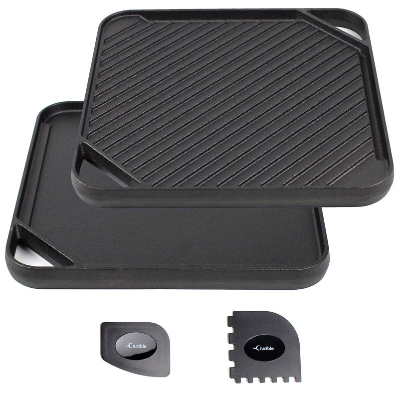Cast Iron Griddle (20" by 10"), Reversible, Pre-Seasoned, Grill and Griddle Combo Pan, BBQ, Campfire, fits over two stovetop burners