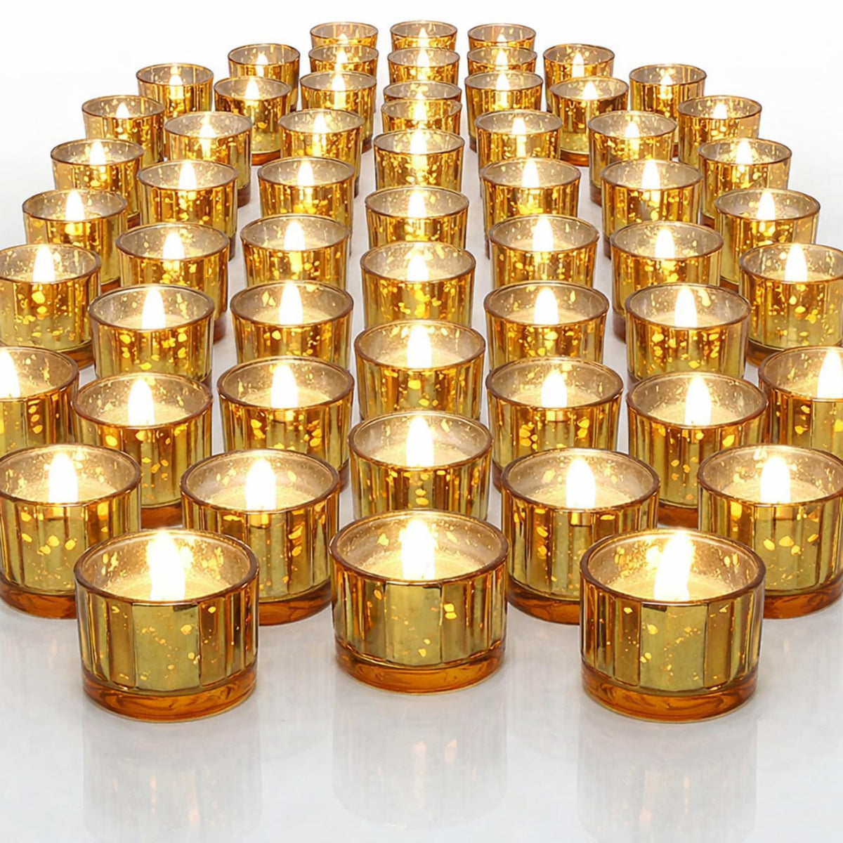 Mumufy 100 Pcs Glass Tealight Candle Holder Ribbed Votive Candle Holder for Centerpiece Wedding Proposal Spa Aromatherapy Meditation Home Decor (Gold)