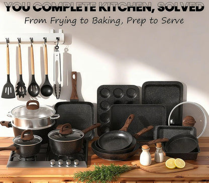 Pots and Pans Set Non Stick, 31 Piece Kitchen Induction Cookware & Bakeware Set, Nonstick Kitchen Cooking Pans Set with Frying Pans Set Grill Pan Saucepan Baking Sheet & Utensils, PFOA Free