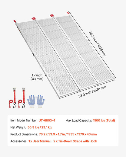 VEVOR Aluminum Trailer Ramps, 76 x 54 in Tri-Folding Truck Ramps with Straps & Non-Slip Rubber Fingers, 1500LBS Capacity ATV Loading Ramps for Pickup Trucks, Motorcycles, Lawn Mowers, Tractors, Carts