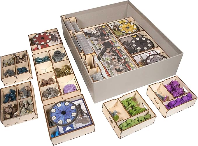 The Broken Token Game Organizer Compatible with Scythe - Wooden Game Organizing Box with Multiple Trays