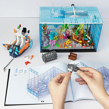 Fish Tank Building Blocks Set - 830PCS Ocean Treasure Hunt Building Set with Adventure Boat Shark Jellyfish &amp Coral Reef STEM Toys Birthday Christmas Building Blocks Gift Idea