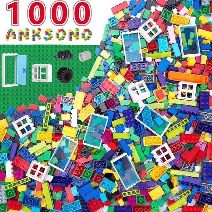 1000 Pieces Building Bricks Classic Building Bulk Blocks for Kids with 12pcs Wheels Accessories Windows Doors 2 Packs Studs Sticky Plate Compatible with All Major Brands Gfits for Kids