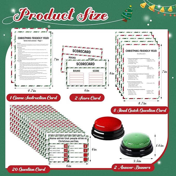 Christmas Friendly Feud Game with 2 Answer Buzzers Holiday Feud Cards for Family Game Night Fun Trivia Quiz for Xmas Party Office Class Groups Team Building