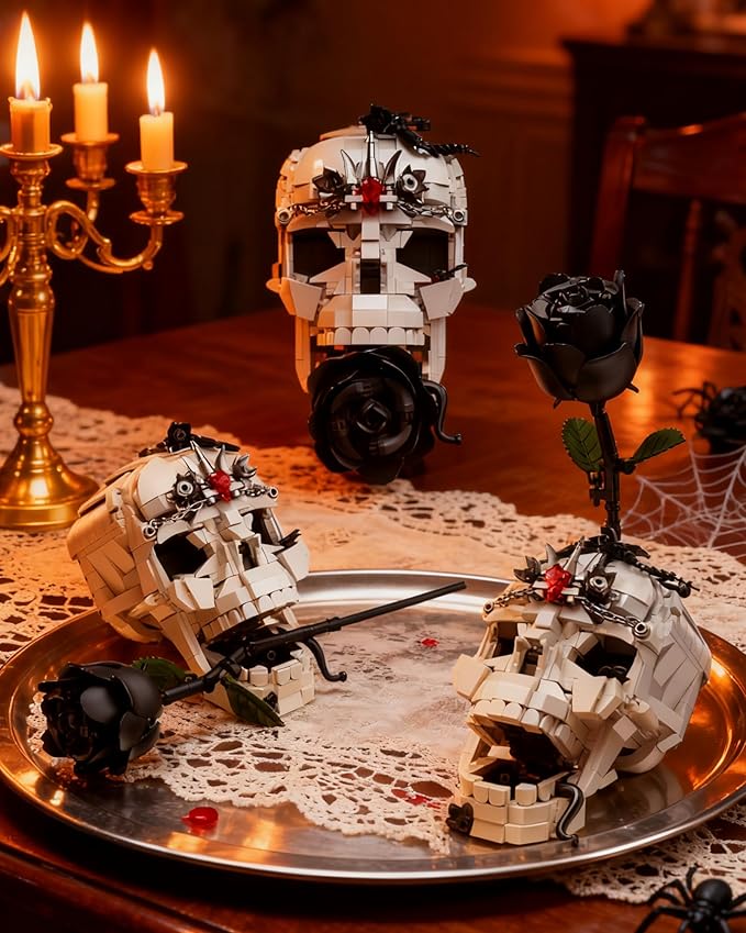 Skull Black Rose Flower Building Set 3 in 1 Gothic Horror Decor Botanical Artificial Flowers Collection Toys Ideal Home Office Decoration &amp Christmas Valentine's Day Gifts for Adults Women