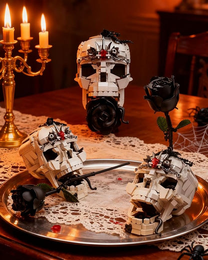 Skull Black Rose Flower Building Set 3 in 1 Gothic Horror Decor Botanical Artificial Flowers Collection Toys Ideal Home Office Decoration &amp Christmas Valentine's Day Gifts for Adults Women