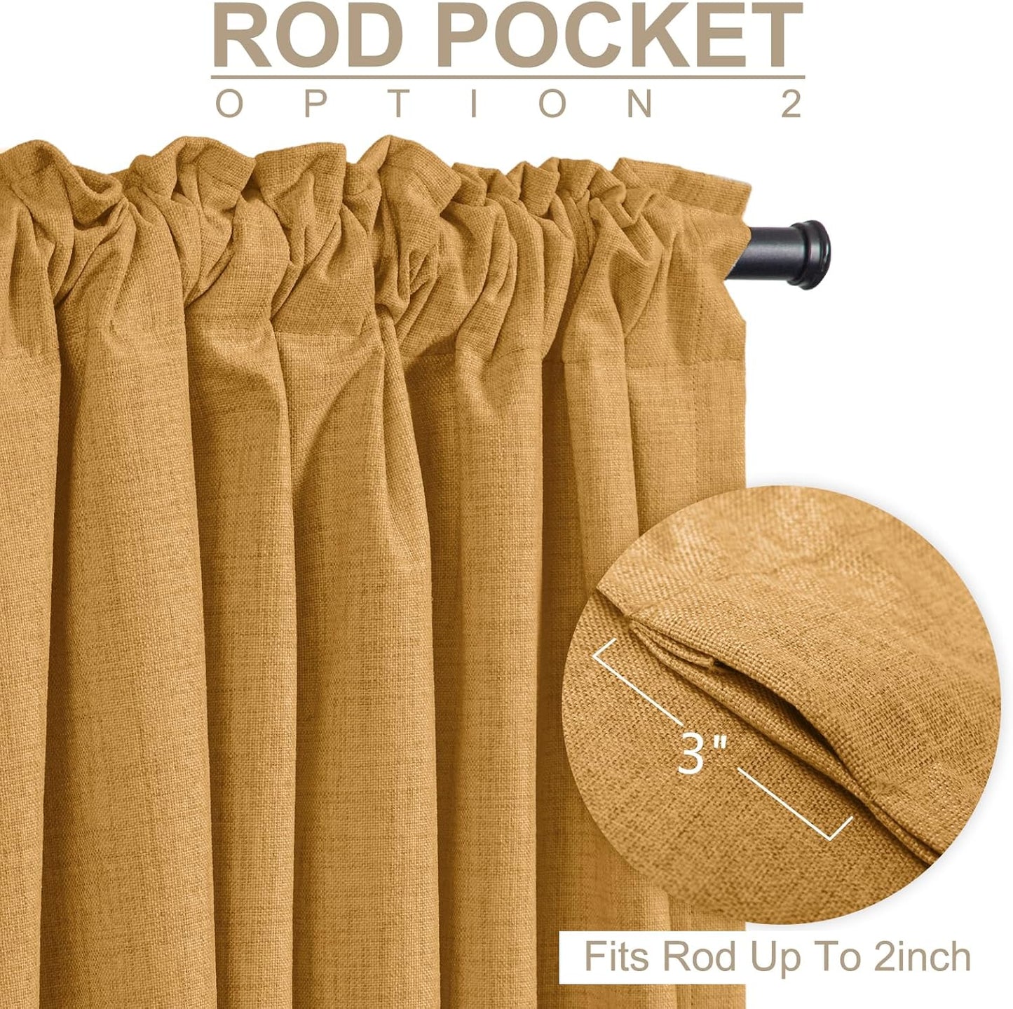 Skiennix 100% Blackout Linen Curtains - Thermal Insulated Drapes, 84" Long, Mustard Yellow, 2 Panels Set