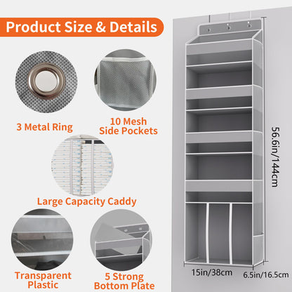 TAHAVICE Heavy Duty Over the Door Organizer with Large Capacity Caddy, Behind Door Storage with 10 Mesh Side Pockets, Back of Door Hanging Organizer for Closet, Bathroom, Laundry