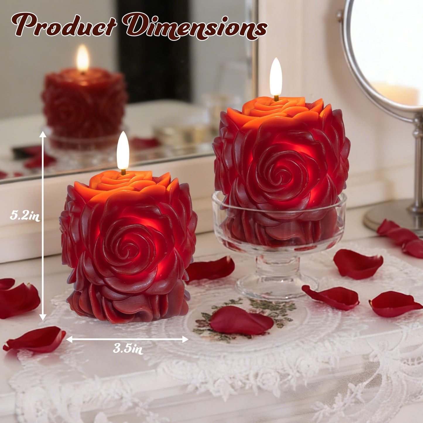 JOIONE Valentines Day Flameless LED Candles, Rose Shaped 3D Flickering Flame Battery Operated Candle with Remote, Romantic Candles for Date Night, Valentine's Day, Wedding and Home Décor, Red