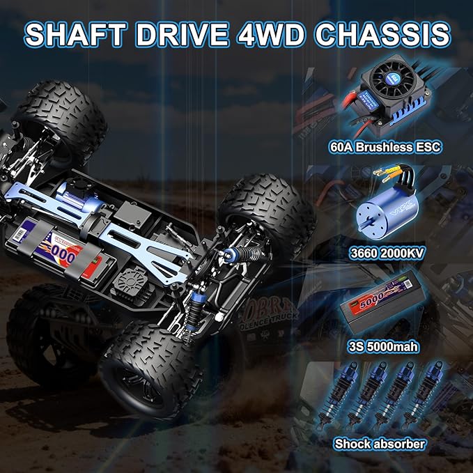 1/8 High Speed RC Cars for Adults 4WD Off-Road Electric Truggy with 3S 5000mAh LiPo Battery &amp 3660 Brushless Motor RTR RC Truck Hobby with LED Lights for All Terrain