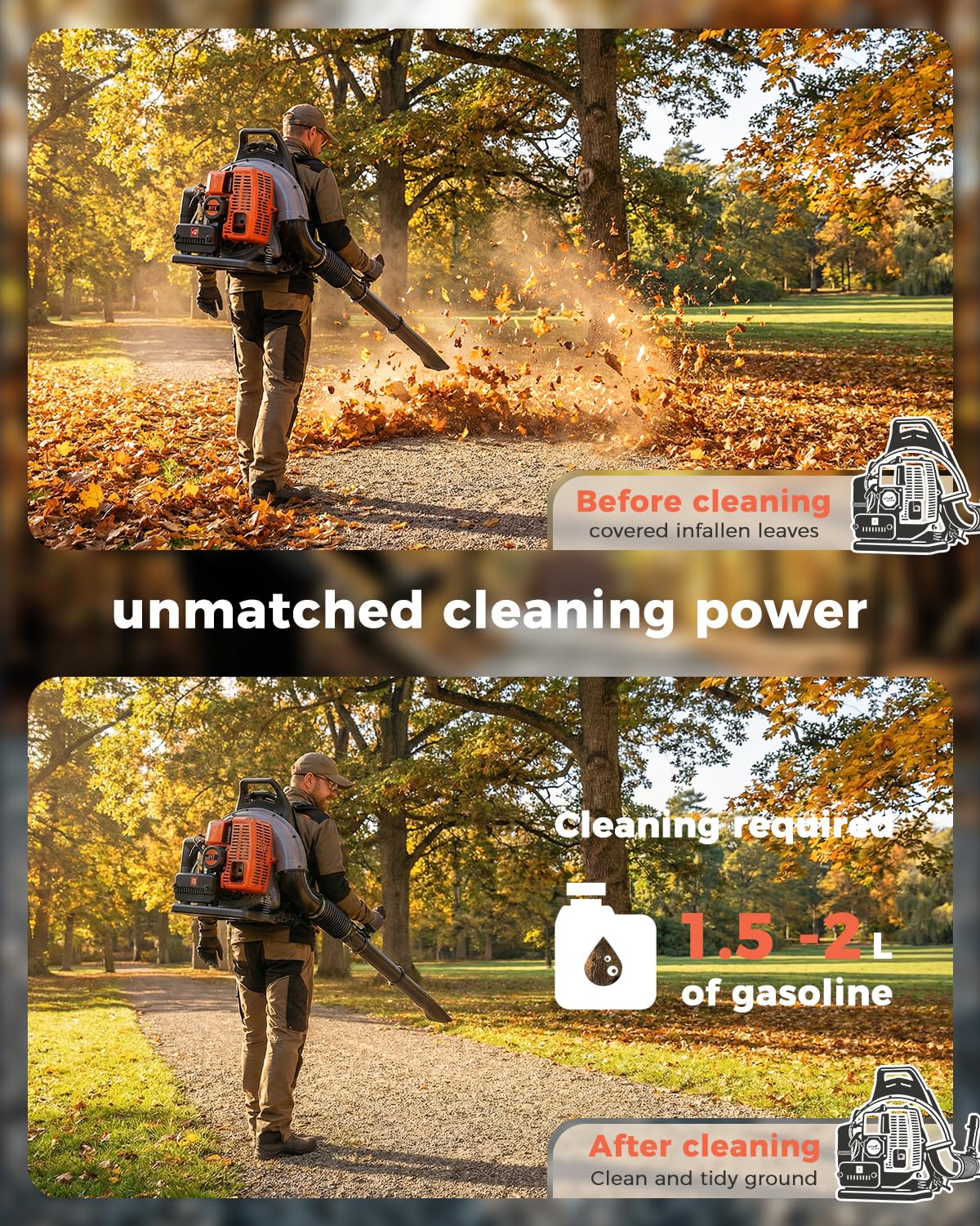 HTK Backpack Blower, 63CC Gas Powered Leaf Blower with 665 CFM & 205 MPH for Commercial Lawn Care, Yard Debris & Snow Removal (Orange)