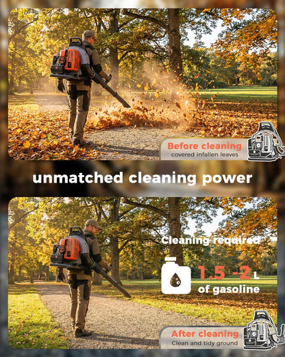 HTK Backpack Blower, 63CC Gas Powered Leaf Blower with 665 CFM & 205 MPH for Commercial Lawn Care, Yard Debris & Snow Removal (Orange)
