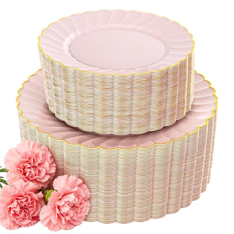 YOUBET 100PCS Pink Scalloped Plastic Plates - Heavy Duty Gold Disposable Fancy Hard Plates Include 50 Dinner Plate, 50 Dessert Plate, for Wedding & Party Mothers Day