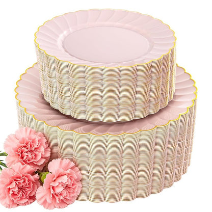YOUBET 100PCS Pink Scalloped Plastic Plates - Heavy Duty Gold Disposable Fancy Hard Plates Include 50 Dinner Plate, 50 Dessert Plate, for Wedding & Party Mothers Day