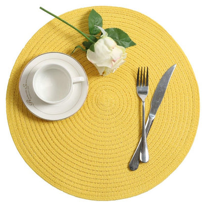 SHACOS Round Braided Placemats Set of 8 Washable Table Mats 15 inch Round Placemat Cotton Polyester Circle Placemat for Dining Table (Yellow, 8)