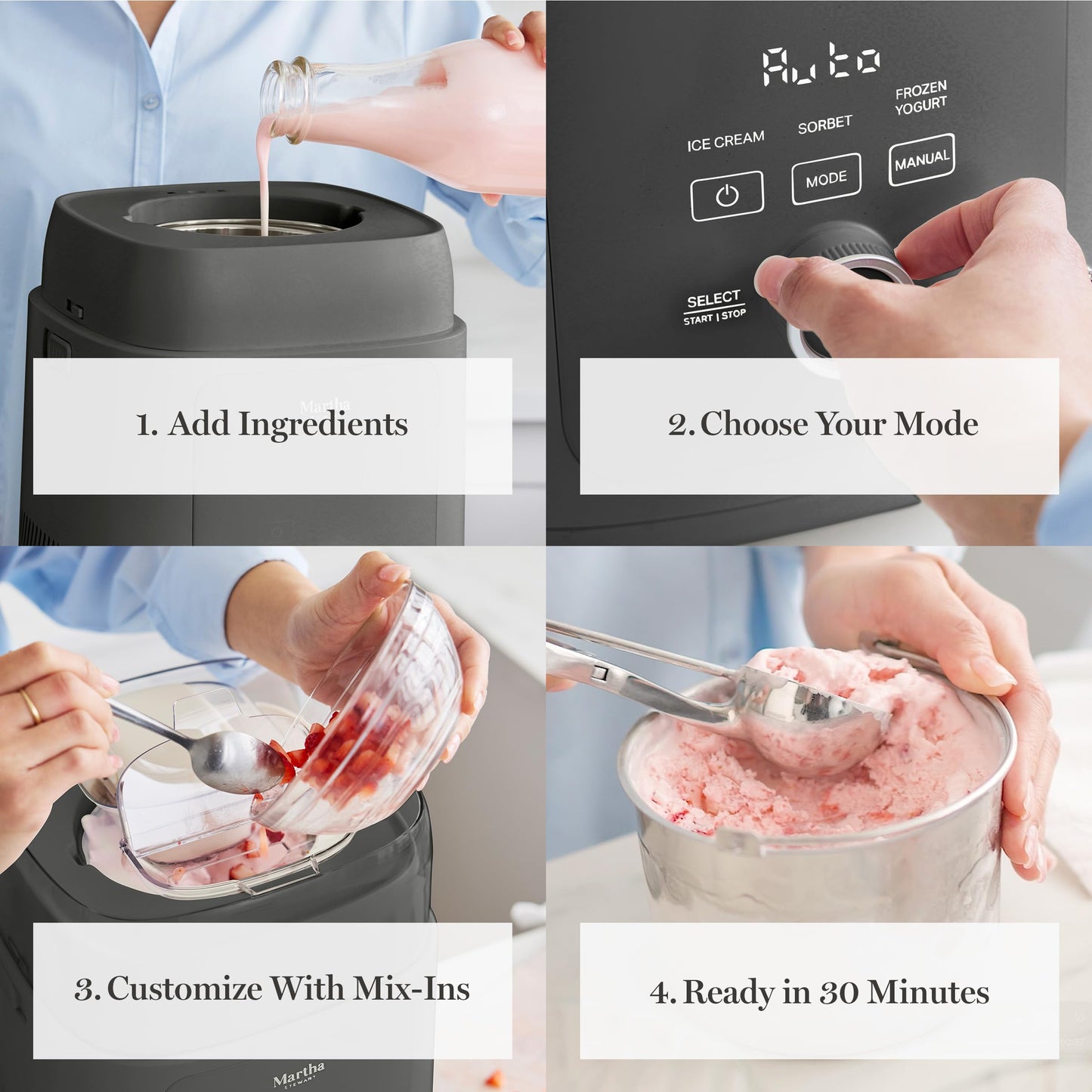 Martha Stewart 1 Quart Ice Cream Maker, Built-In Compressor, No Pre-Freezing Required, 3 Modes (Ice Cream, Sorbet, Frozen Yogurt), Automatic Mix-In Alert, Dishwasher-Safe Parts, Caviar Gray