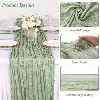 Sage Green Table Runner 35x120 Inch Cheesecloth Table Runner 3 Pack for Baby Shower, Boho Decor, Wedding Decoration, Jungle Theme Party