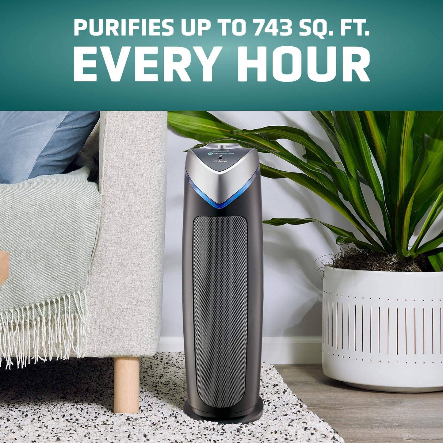 GermGuardian 4-In-1 HEPA Air Purifier for Home, Large Rooms Up To 743 Sq. Ft. with HEPA Air Filter, UV-C Light & Odor Reduction, AC4825E, 22" Tower, Gray