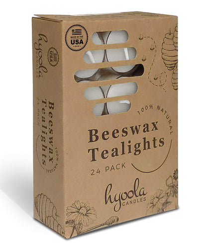 Hyoola Pure White Beeswax Tea Lights - 24 Pack - Handmade Decorative Unscented - Tealight Candles - 4 Hour Burn Time, Clear Cup